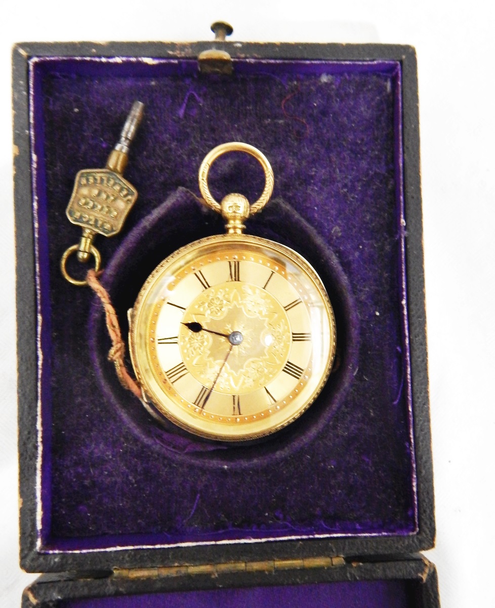 18ct gold cased open-faced pocket watch with overall bright-cut engraving,