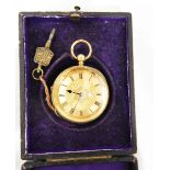 18ct gold cased open-faced pocket watch with overall bright-cut engraving,