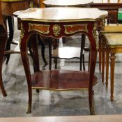 Louis XV-style occasional table with serpentine shaped top, brass border, parquetry inlay,