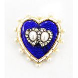 Victorian gold-coloured metal, diamond, pearl and enamel mourning brooch,