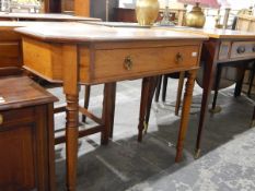 Mahogany side table of rectangular form with chamfered corners, fitted with single drawer,