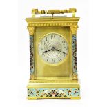 Fine French Richard & Co carriage clock with champleve enamel floral panels, silvered dial,