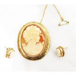 9ct gold cameo brooch with engraved border and pair of cameo earrings