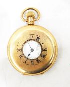 Gold plated gentleman's half-hunter pocket watch with enamel dial, Roman numerals,