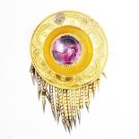 Victorian gold-coloured metal rock crystal brooch set pink tinted rock crystal circular stone to