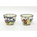 Pair of 18th century Chinese Canton enamel tea bowls and saucers, square form,