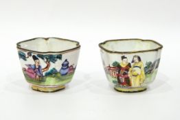 Pair of 18th century Chinese Canton enamel tea bowls and saucers, square form,