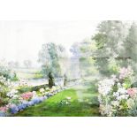 Noel Smith (19th century) Watercolour drawing English country garden beside river with birds in