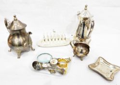 Silver-plated four piece teaset, a toast rack, a magnifying glass,