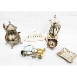 Silver-plated four piece teaset, a toast rack, a magnifying glass,