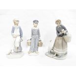 Three Lladro figure groups, one of a girl with ducklings in a basket, 23cm high,