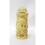 Late 19th/early 20th century carved ivory jar and cover of cylindrical form,