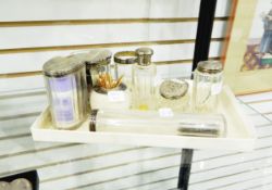 Seven assorted glass dressing table jars with silver mounts and a silver mounted vesta jar (8)
