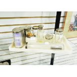 Seven assorted glass dressing table jars with silver mounts and a silver mounted vesta jar (8)