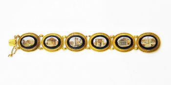 19th century micro-mosaic and gilt metal bracelet, having six ovals depicting Roman temples,