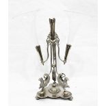 Silver plated centrepiece by Walker & Hall with three branches supporting etched clear glass
