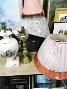 Four various table lamps, one ceramic decorated with lobsters, five various lamp shades,