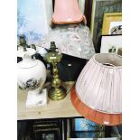 Four various table lamps, one ceramic decorated with lobsters, five various lamp shades,