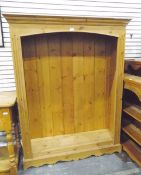 Modern pine open bookcase with moulded pediment, adjustable shelves,