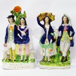 Two Victorian Staffordshire flatback figures, one of a couple titled "Welsh Shepherds" to base,