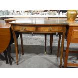 Georgian style walnut veneered bow front side table, with plate glass top, two frieze drawers,