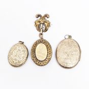 Victorian gilt metal ornate locket with brooch suspension and two other gold plated lockets (3)