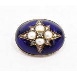 Victorian enamel, diamond and pearl brooch, gold-coloured metal, oval and domed,