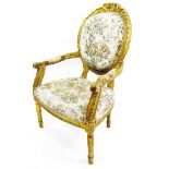Pair of Louis Quinze style cameo-backed giltwood chairs with tapestry fabric upholstered back and