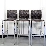 Set of three chrome and steel breakfast bar stools with woven leather backs and leather seats (3)