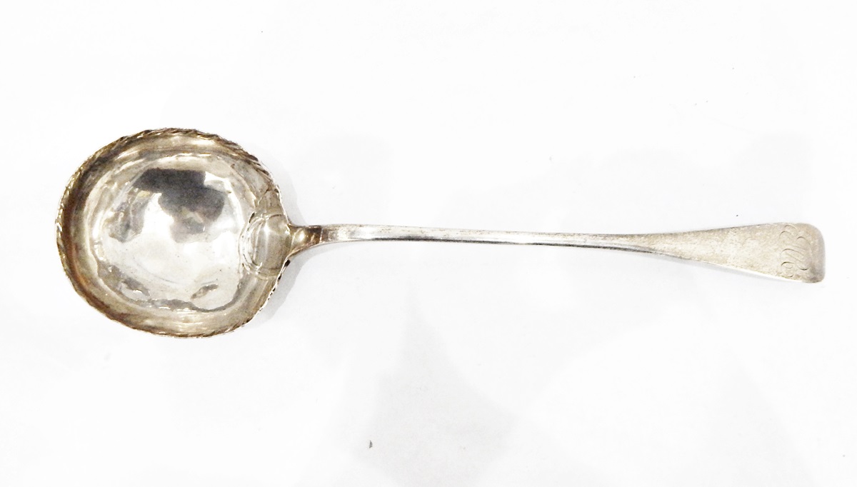 George III Scottish silver ladle by Alexander Gairdner, Edinburgh 1768, with feather-edged bowl,