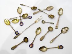 Quantity of silver teaspoons including enamel souvenir examples, apostle finial examples,
