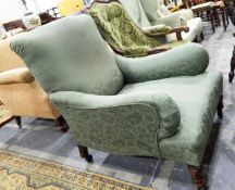 Victorian green damask square-back armchair