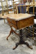 Victorian walnut work table, with serpentine shaped top, two frieze drawers below,