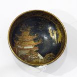 Japanese Kutani porcelain small bowl decorated with pagoda on a black ground, 6.
