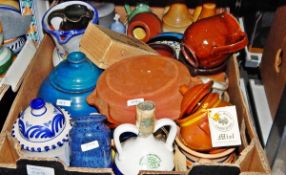 Large quantity of Spanish-style painted pottery including jugs, plates, dishes,