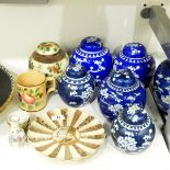 Small collection of six blue and white ginger jars with covers, another ginger jar,
