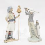 Lladro porcelain figure of a golfer and another of a boy holding a staff