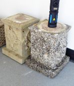 Two similar reconstituted stone square garden pedestals raised on a plinth base,
