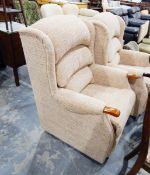 Near pair of nearly new beige upholstered armchairs