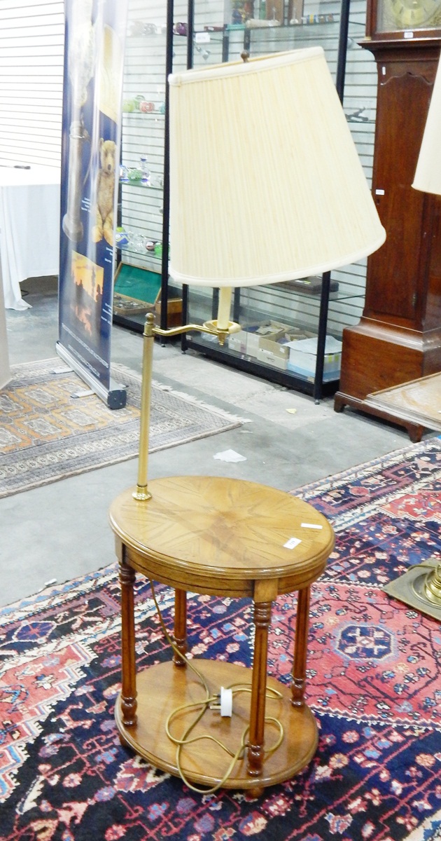 Oval veneered two-tier lamp table with lamp fitting and shade