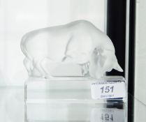 Lalique frosted glass model of a bull with clear glass rectangular stand, etched 'Lalique,