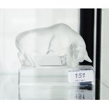 Lalique frosted glass model of a bull with clear glass rectangular stand, etched 'Lalique,