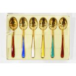 Set of six Norwegian silver-gilt and enamel coffee spoons having harlequin enamel handles,