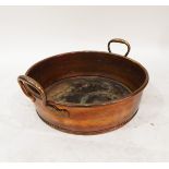 Large copper jam pan, a pair of wooden bellows, a wooden tray, carved wooden clogs,