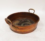 Large copper jam pan, a pair of wooden bellows, a wooden tray, carved wooden clogs,