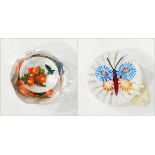 John Deacons clear glass paperweight with faceted windows, lampwork hummingbird and flower,