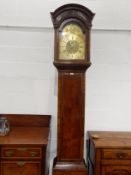 18th century walnut longcase clock with domed hood flanked by columns,