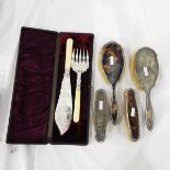 Late Victorian silver-mounted and faded tortoiseshell dressing table set of four pieces viz:- hand