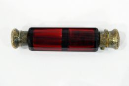 Victorian ruby cut glass and double-ended scent/salts bottle with engraved mounts