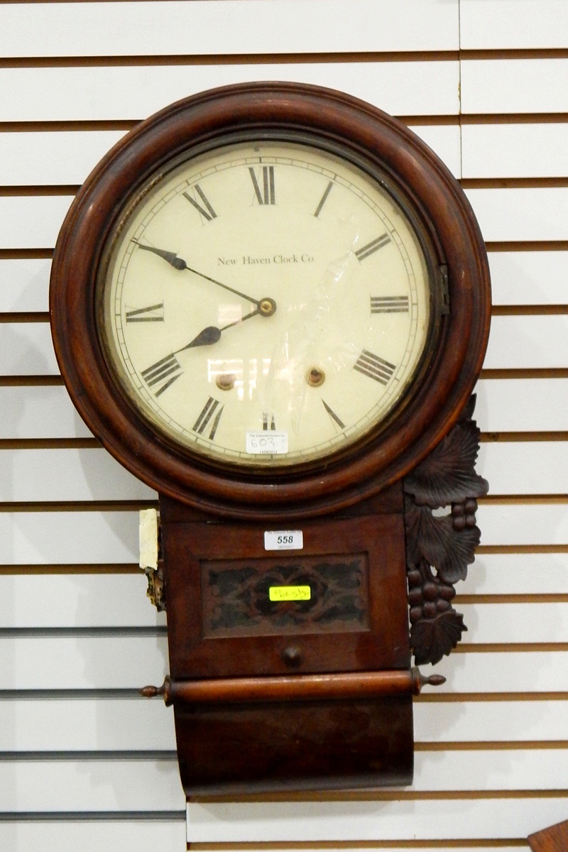 Mahogany drop-dial wall clock, circular enamel dial, Roman numerals,